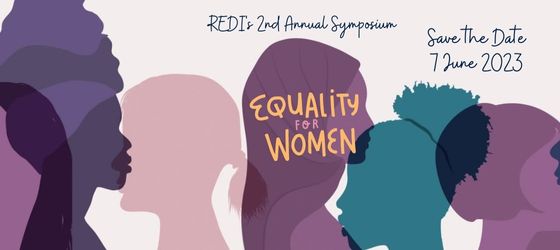 Silhouetted shapes of a diverse range of women's heads in shades of purple, pink and teal. Text: REDI's second annual symposium, Equality for Women, save the date 7 June 2023