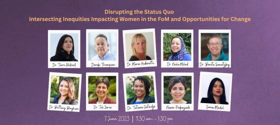 Polaroid-style photos of the ten panelists on a purple background. Disrupting the Status Quo, Intersecting Inequities Impacting Women in the FoM and Opportunities for Change, 7 June 2023